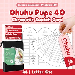 May include: A printable Ohuhu Pupe 40 Chromatic Swatch Card set featuring blank templates for color names and codes. The set includes a black carrying case with a bird illustration and multiple white paper swatch tags for 40 colors in A4 and Letter size.