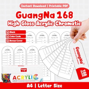 May include: A printable PDF set for GuangNa 168 High Gloss Acrylic Chromatic markers. Includes blank color code charts and bonus covers in A4 and letter size. The white paper sheets feature black text and outlines for organizing marker colors.