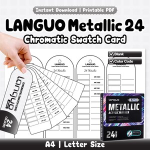 Op de afbeelding: Een printbare LANGUO Metallic 24 chromatische kleurstaalkaart voor acrylstiften. De set bevat een waaier-stijl staalkaart met 24 kleurvakjes gelabeld MC 001 tot MC 024, en een doos voor 24 metallic acrylstiften. Tekst bevat Instant Download.