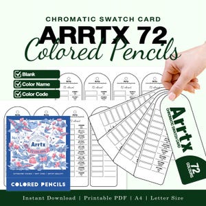 May include: A digital chromatic swatch card for Arrtx 72 colored pencils. The printable PDF features blank spaces for color names and codes. The design includes a square graphic with rabbit illustrations and the text Arrtx 72 Colors.