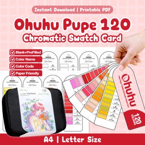 May include: Ohuhu Pupe 120 Chromatic Swatch Card printable PDF set featuring blank and pre-filled templates for 120 colors. Includes a black carrying case with an illustrated label and a fan-style color swatch card showing various shades.