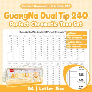 Tabela de Amostras de Cores GuangNa Dual Tip 240 - Conjunto Perfeito de Tons Cromáticos | Em branco, Nome da cor, Código da cor | PDF para impressão