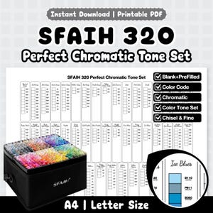 May include: A black storage case filled with a large collection of colourful markers, positioned in front of a white printable chart titled SFAIH 320 Perfect Chromatic Tone Set. The chart includes columns for various colour categories and a circular detail view.
