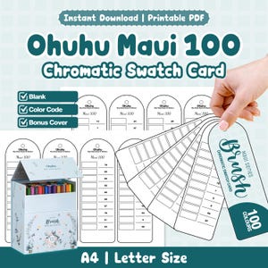 May include: A printable Ohuhu Maui 100 Chromatic Swatch Card set featuring blank templates for markers. The design includes a box illustration, numbered colour code grids, and a bonus cover. The text reads Ohuhu Maui 100 Chromatic Swatch Card, Brush, and 100 Colours. Available in A4 and Letter size.