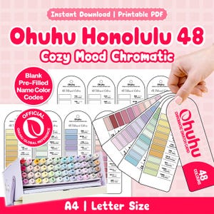 Op de afbeelding: Een set Ohuhu Honolulu 48 Cozy Mood Chromatic kleurkaarten in een printbaar PDF-formaat. De kaarten bevatten lege ruimtes voor kleurcodes en namen, vergezeld van een opbergdoos met markers en een waaier-stijl kleurreferentiegids.