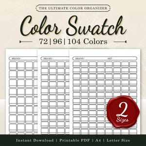 以下が含まれることがあります： 「Color Swatch」の文字と72、96、104色のオプションが記載された、印刷可能なカラーチャートシート。デザインには「2 Sizes」と書かれた赤いワックスシールが含まれています。「Instant Download | Printable PDF | A4 | Letter Size」の文字が下部にあります。