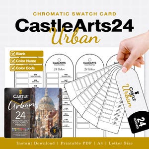 Può includere: Un set di schede per campioni cromatici Castle Arts 24 Urban in PDF stampabile. Il documento presenta un layout a griglia per nomi e codici colore, insieme a un modello a ventaglio con il testo Castle Arts Urban 24 Colours e un'immagine.