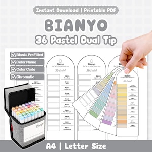 May include: A set of 36 dual-tip pastel markers by Bianyo, displayed with color swatch cards and a carrying case. The markers are in a variety of soft pastel shades. The image also includes the text "Instant Download | Printable PDF" and "A4 | Letter Size".