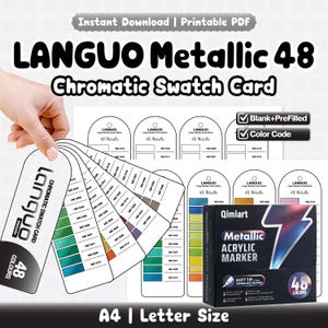Op de afbeelding: Een printbare LANGUO Metallic 48 chromatische stalenkaartset met een waaier van witte labels met kleurcodes, een zwarte doos Qimiart Metallic Acrylic Marker met 48 kleuren en A4-vellen met lege en vooraf ingevulde sjablonen.