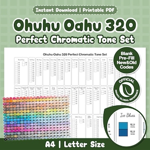 May include: A printable PDF colour swatch chart for the Ohuhu Oahu 320 Perfect Chromatic Tone Set. The document features a grid layout for organising marker colours, including sections for blank, pre-fill, new, and old codes in A4 and Letter size.
