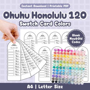 Op de afbeelding: Afdrukbare PDF-kleurenkaartenset voor Ohuhu Honolulu 120 markers. De afbeelding toont een hand die verschillende witte kleurenkaarten vasthoudt met kleurstalen en blanco kaarten. De kaarten zijn gelabeld met kleurcodes en namen. De afbeelding bevat ook een kleurenkaart met 120 kleuren.