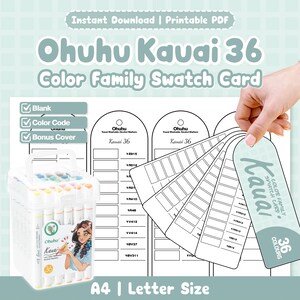 May include: A printable Ohuhu Kauai 36 colour family swatch card set featuring blank templates, colour code sections, and a bonus cover. The set includes a clear plastic carrying case filled with markers and a fan of white paper swatch tags.