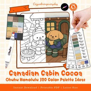 Puede incluir: Una página para colorear digital titulada Canadian Cabin Cocoa con una ilustración dividida de un gato y un perro bebiendo cacao en un porche. Incluye un marcador Ohuhu, una tarjeta de paleta de colores y etiquetas de referencia.