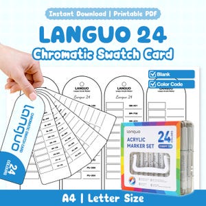 Cartão de Amostras Cromáticas Languo 24 | PDF para Impressão | Tabela de Códigos de Cores em Branco | Referência para Marcadores Acrílicos | Download Instantâneo em Tamanho A4 (Carta)
