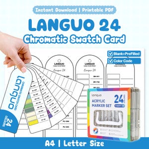 Scheda colori Languo 24 / PDF stampabile / Vuoto + Precompilato / Tabella codici colore / Riferimento pennarello acrilico / Formato A4