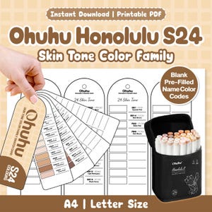 May include: A printable PDF swatch card set for Ohuhu Honolulu S24 skin tone markers, featuring a fan of colour swatches with codes, a background template with blank name fields, and a black carrying case filled with twenty-four alcohol markers.