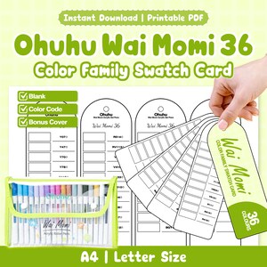 Peut inclure: Fiche de nuancier Ohuhu Wai Momi 36 couleurs en PDF imprimable avec espaces vierges et codes couleur. Comprend une trousse transparente zippée contenant des stylos à bille acrylique étiquetés Wai Momi. Format A4 et Letter.