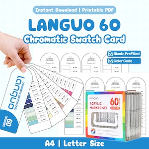 May include: A printable PDF swatch card set for Languo 60 acrylic markers, featuring a fan-style colour guide with codes, blank templates, and a box of 60 markers. The design includes blue text on white paper, labelled A4 and Letter size for printing.