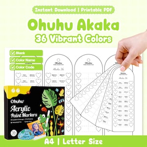 May include: A set of Ohuhu Acrylic Paint Markers with 36 vibrant colours, a swatch card, and the text "Ohuhu Akaka 36 Vibrant Colors". The box has a tropical design with a frog and a woman's portrait.