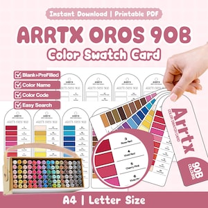 May include: Arrtx Oros 90B colour swatch card printable PDF featuring blank and pre-filled templates with colour names and codes. The set includes organised marker swatches in various hues, designed for A4 and letter size paper printing.