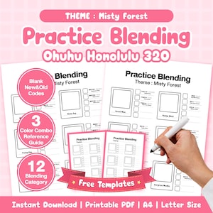 May include: A pink and white printable PDF with the text "Practice Blending" and "Ohuhu Honolulu 320". The image includes blending practice sheets, color combo guides, and free templates. The theme is "Misty Forest".