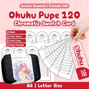 May include: A printable Ohuhu Pupe 120 Chromatic Swatch Card set featuring blank templates for colour names and codes. The set includes a black carrying case with an illustrated label and multiple white paper swatch cards for 120 colours.