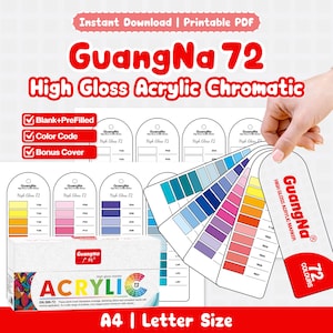 GuangNa 72 High Gloss Acrylic Chromatic Swatch Card | Printable PDF | Blank + Pre-Filled | Color Code | Bonus Cover | A4 Letter Size