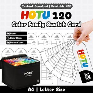 May include: A black carrying case filled with 120 colourful markers and a printable colour family swatch card set. The text reads HOTU 120 Colour Family Swatch Card, Instant Download, Printable PDF, Blank, Colour Code, Bonus Cover, and A4 Letter Size.