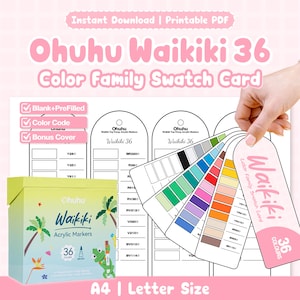 May include: A printable Ohuhu Waikiki 36 colour family swatch card set in A4 and letter size. The set includes a box for 36 acrylic markers, blank and pre-filled swatch templates, colour codes, and a bonus cover, all featuring the Waikiki branding.