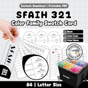May include: A printable PDF color family swatch card set for SFAIH 321 alcohol markers. The set includes blank templates for color codes and names, featuring a fan-style swatch card, a marker with fine and chisel tips, and a storage case.