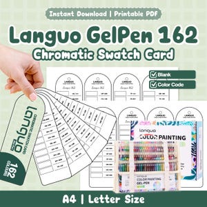 Könnte beinhalten: Ein druckbares Languo GelPen 162 Farbmusterkarten-Set in A4 und Letter-Format. Die digitale Datei enthält Vorlagen für leere und farbcodierte Felder zur Organisation von Gelstift-Tintenfarben, inklusive einer fächerartigen Musterkarte.