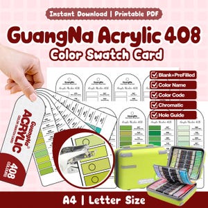 Peut inclure: Un ensemble de cartes de nuancier GuangNa Acrylic 408 imprimables aux formats A4 et lettre. Il comprend des modèles vierges et pré-remplis avec noms de couleurs, codes et guides de perforation. Une mallette vert lime avec des marqueurs est incluse.