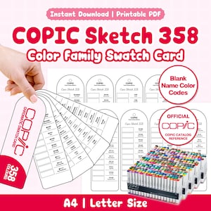 コピック スケッチ 358 カラーファミリー スウォッチカード | 印刷可能なPDF | 空白 | 色名 + カラーコード | リングバインダー対応 | A4 + レターサイズ