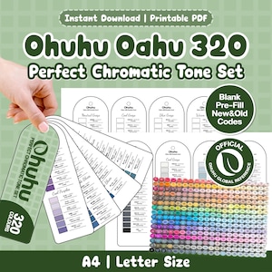 May include: A printable PDF set for Ohuhu Oahu 320 markers, featuring swatch cards with color codes and names. The set includes a fan-style reference guide, blank pre-fill templates, and a grid of 320 color-coded circles for A4 or Letter size.