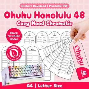 Pode incluir: Um conjunto de PDF imprimível para marcadores Ohuhu Honolulu 48 Cozy Mood Chromatic, apresentando um cartão de amostras com 48 espaços de cor, um estojo de armazenamento com marcadores variados e texto incluindo Ohuhu Honolulu 48 Cozy Mood Chromatic.