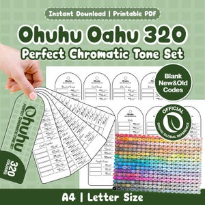 May include: A printable Ohuhu Oahu 320 Perfect Chromatic Tone Set swatch card collection. The set includes multiple white paper cards with arched tops, organised by colour categories like Neutral Greys, Cool Greys, and Blues, plus a colour chart.