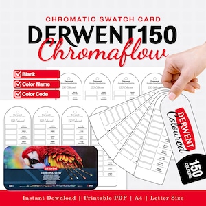 May include: A printable chromatic swatch card set for Derwent Chromaflow 150 colored pencils. The set includes blank, color name, and color code templates in an arched tag shape. A rectangular tin box with a parrot graphic is also shown.