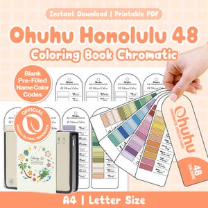 Könnte beinhalten: Ohuhu Honolulu 48 Coloring Book Chromatic druckbares PDF-Set mit leeren, vorausgefüllten Farbcode-Karten, offiziellen globalen Referenz-Farbmustern mit 48 leuchtenden Farben und einer Stifte-Tragetasche mit tropischem Grafikdesign.