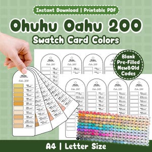 May include: Printable PDF swatch card set for Ohuhu Oahu 200 markers. The cards are in A4/Letter size and include blank, pre-filled, new, and old codes. The image shows a hand holding a fan of color swatch cards.