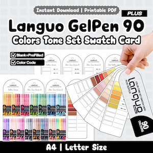 Könnte beinhalten: Ein druckbares PDF-Farbmusterkarten-Set für das Languo GelPen 90 Colors Tone Set. Das Dokument enthält leere und ausgefüllte Vorlagen mit Farbcodes sowie bogenförmige Anhänger zur Organisation von Gelstift-Tintenproben in A4 und Letter.