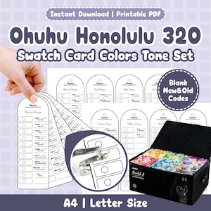 May include: A printable PDF of the Ohuhu Honolulu 320 Swatch Card Colors Tone Set. The image displays a black case filled with markers, swatch cards, and a hole punch. Text includes "Instant Download" and "A4 | Letter Size."