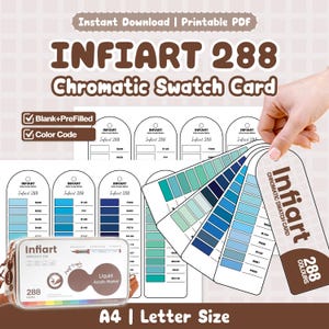 May include: An Infiart 288 Chromatic Swatch Card printable PDF set featuring blank and pre-filled colour code templates. The collection includes multiple arched tags displaying various blue and teal shades, alongside a clear case of markers.