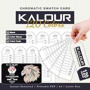 Op de afbeelding: Een digitale download van een Kalour 120 Colors chromatische staalkaart als printbare PDF. De set bevat lege sjablonen met ruimtes voor kleurnamen en codes, inclusief een zwarte rechthoekige tinnen doos met een leeuwengrafiek en 120 pc tekst.