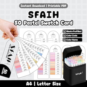 May include: A printable PDF swatch card set for 50 pastel alcohol markers, featuring the text SFAIH 50 Pastel Swatch Card. The set includes blank and pre-filled templates with colour codes and names, presented in A4 and Letter size formats.