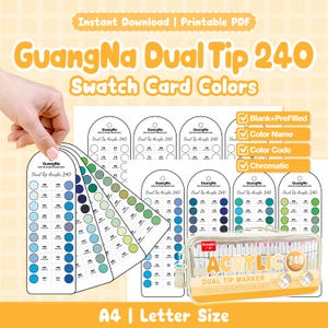 Peut inclure: Ensemble de cartes d'échantillons et de marqueurs GuangNa Dual Tip 240. Les cartes présentent des nuanciers de couleurs dans diverses nuances de bleu et de vert. Les marqueurs sont dans un étui transparent avec le texte "Acrylic Dual Tip Marker 240".