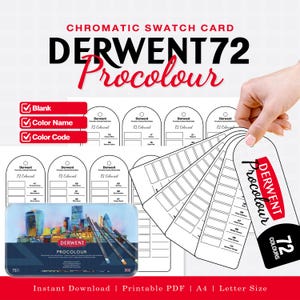 Puede incluir: Un conjunto de tarjetas de muestra cromáticas imprimibles para lápices Derwent 72 Procolour. El diseño presenta etiquetas arqueadas con espacios para nombres y códigos de color, junto a una ilustración de una caja metálica con lápices.