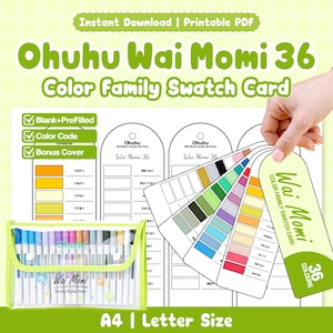 May include: Ohuhu Wai Momi 36 Color Family Swatch Card printable PDF featuring blank and pre-filled templates, color codes, and a bonus cover. Includes a clear zippered pouch containing acrylic roller pens and a set of color swatch tags.