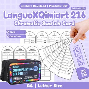 May include: A printable PDF chromatic swatch card set for LanguoXQimiart 216 gel pens. The set includes blank and color code templates on A4 and letter size paper, featuring a black carrying case with a colorful graphic label for 216 gel pens.
