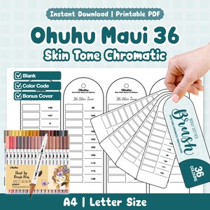 以下が含まれることがあります： Ohuhu Maui 36スキンカラーマーカー用の印刷可能なPDFカラーチャートセット。空のカラーコード表、ボーナス表紙、扇形のカラーチャートが含まれています。36色のスキンカラーのテキストラベルがあり、A4およびレターサイズに対応しています。