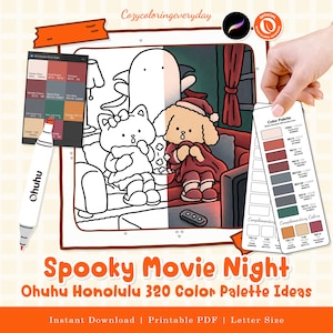 May include: A digital coloring page titled Spooky Movie Night featuring a cat and a dog watching a movie on a couch, accompanied by an Ohuhu marker, a color palette swatch card, and text labels including Cozycoloringeveryday and Ohuhu Honolulu 320.